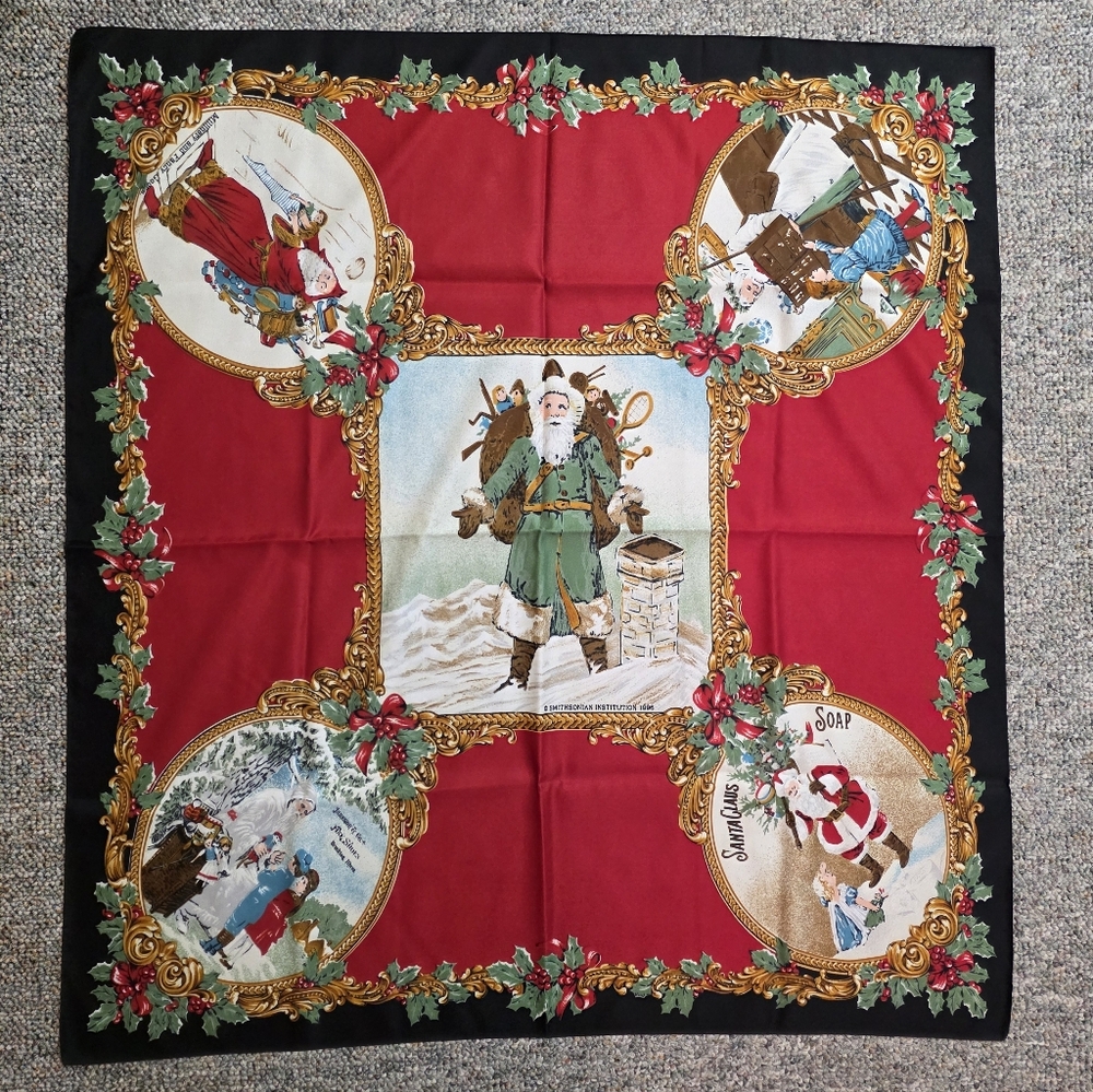 Smithsonian Institution Silk Santa Claus Christmas Scarf 1996 RARE